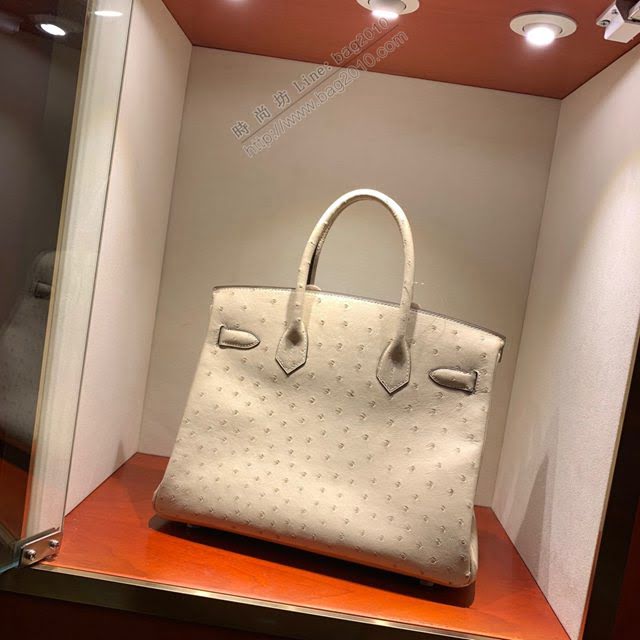 Hermes女包 愛馬仕Birkin30cm Hermes鉑金包 Ostrich鴕鳥皮 全手縫蠟線 3C Parchmin羊毛白銀扣  am1900